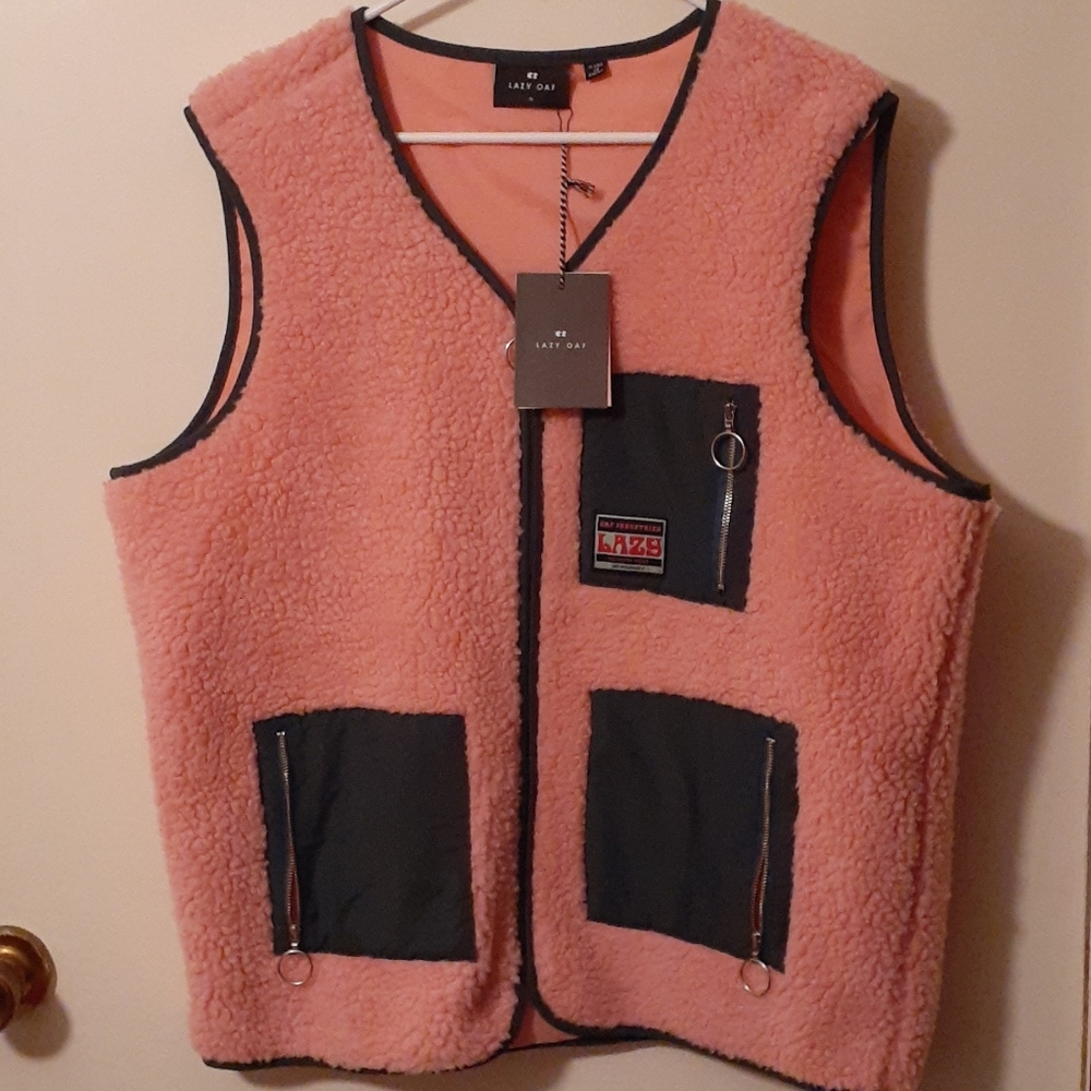 Lazy Oaf Pink Sherpa Fisherman Vest with Black Trim